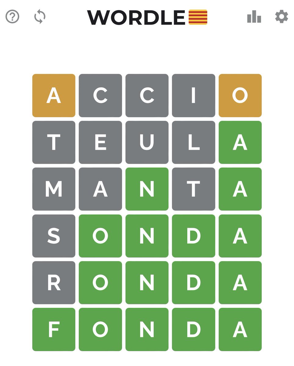 mballesp's tweet image. Primer dia amb el wordle!!! Un nou joc , un nou repte. M’ha encantat!!!!!#WordleCAT