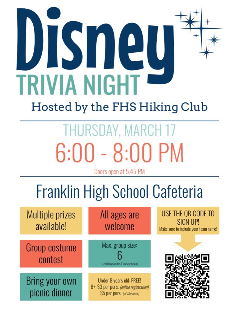 Disney Trivia Night - Thursday, March 17, 2022 a fund raising event by @FHSHikingClub
