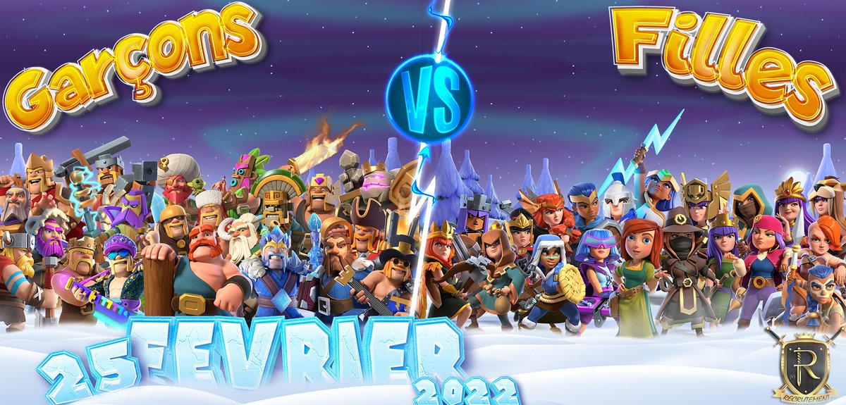 fw filles contre gars

📆 Date : Vendredi 25 Février 2022
⏲️ Heure : 20h
➡️ Roster : 15/5/5/5/5
⏳ Temps de préparation : 30 mn
⚔️ Temps de guerre : 2h
🛑 Dips non autorisées
➡️ Toutes les troupes sorts et engins sont autorisés.
🎙️ Stream : Katia et Poséidon