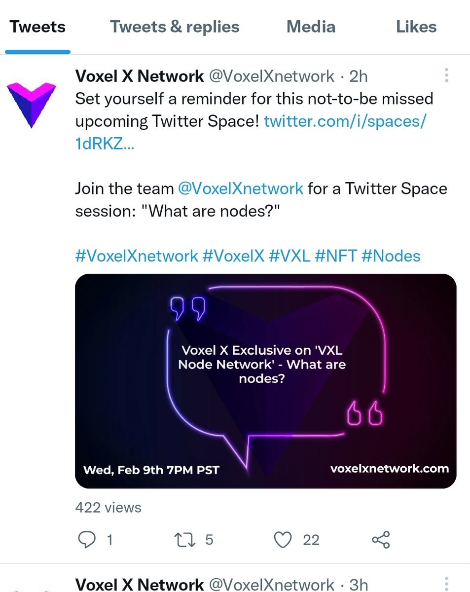 CryptoMoonQ1's tweet photo. #DailyVoxelX Day113

I just found out this new coming Twitter Space from @VoxelXnetwork about #Nodes 🥰

I must say that I have Google much about Nodes and I am excited ❤️

It's good to get hear more😍

Set reminder here:
https://t.co/6B4ZzkxRt0

#VoxelX #VXL #crypto #gaming #NFT https://t.co/uYc4wWcXOP