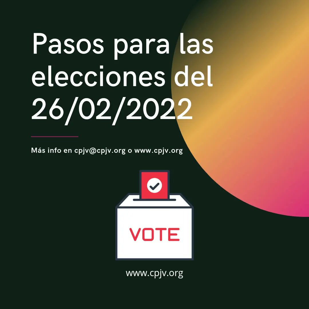 🟣 PASOS PARA LAS ELECCIONES DEL 26/02/2022 🟣

Hasta el 19 de febrero se podrán presentar las candidaturas a los cargos de Presidencia y Tesorería.

ℹ Info en cpjv.org.