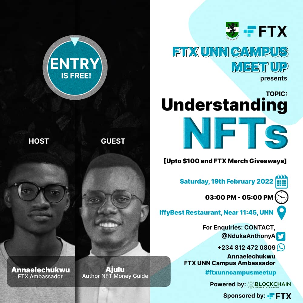 NdukaAnthonyA's tweet photo. We bring you another FTX Educational session in University of Nigeria, Nsukka. 

Here is a rare opportunity for you to grasp next-generation information on NFTs feat. @ajulu_

#unn @myUNNguide @unn_sug https://t.co/w2OP52L0DF