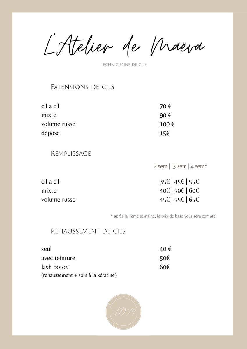 Atelierdemaeva's tweet photo. Tarifs du salon ⬇️ #extensionsdecils https://t.co/Kg9bY3vEy6