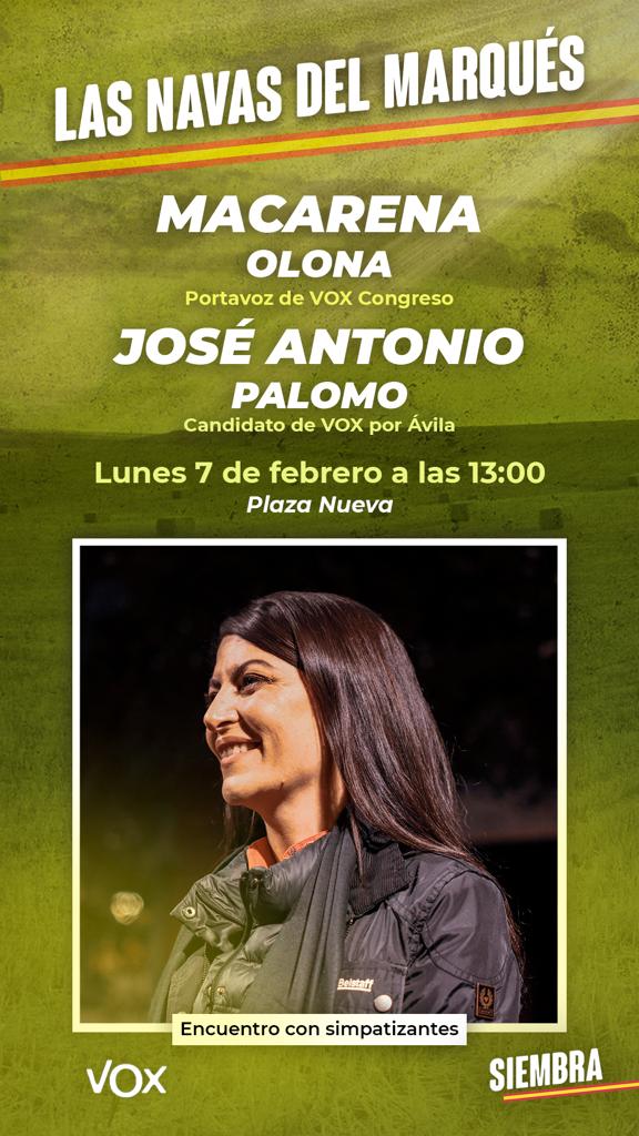 Vox_Avila's tweet photo. Y mañana, @Macarena_Olona visitará junto a @antonio_palomo8 Las Navas del Marqués. 

Estaremos a las 13:00 horas en la Plaza Nueva. 

¡No te lo puedes perder! https://t.co/AR35fcuCjn