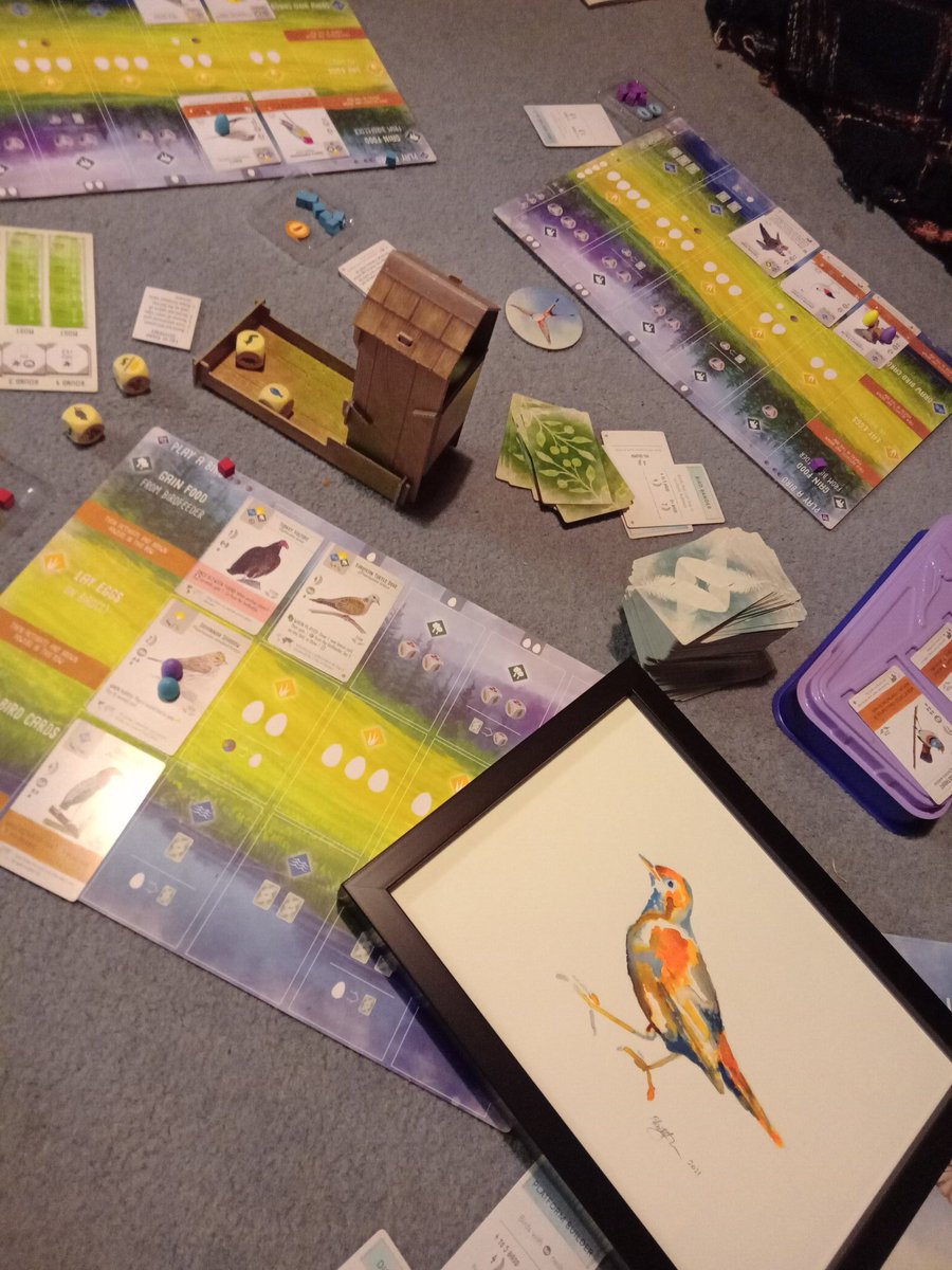 smallphysicist's tweet photo. 3 different games irl today :) Nova Luna, Sushi Go and tonight, Wingspan with European expansion. Add to that getting a frame for my pretty bird by @felicityinkpen, the fact I saw #friends and had a nice roast dinner, pretty food day :) #boardgames #goodsundays https://t.co/61yWsX4BNa