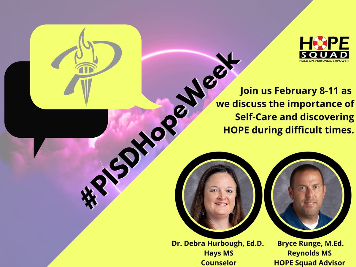 thebrycerunge's tweet photo. Join @debrahurbough &amp; @thebrycerunge February 8-11 as they discuss the importance of self-care and discovering HOPE during difficult times. 

#PISDHopeWeek @ProsperISD https://t.co/sNtf7rXDBw