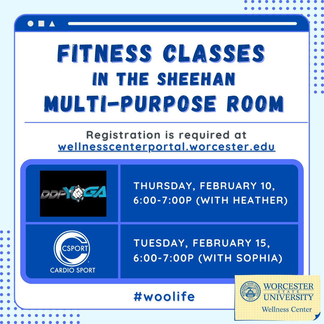 More opportunities to #bewell <a href="/WorcesterState/">Worcester State</a>! Registration is open at wellnesscenterportal.worcester.edu <a href="/WSULancers/">Worcester State Lancers</a> @WSUEats <a href="/WSUResLife/">#woolife</a> <a href="/WSU_OSILD/">OSILD at WSU</a> <a href="/CAB_WSU/">Woo State CAB</a> <a href="/WSU_SEC/">Woo State SEC</a> <a href="/activeminds_wsu/">WSU Active Minds</a> <a href="/WSUSAS/">WSU Student Accessibility Services</a> <a href="/wsuLGBTQ/">woo state lgbtq+ alliance!</a> <a href="/WSUSGA/">WSU Senate</a>