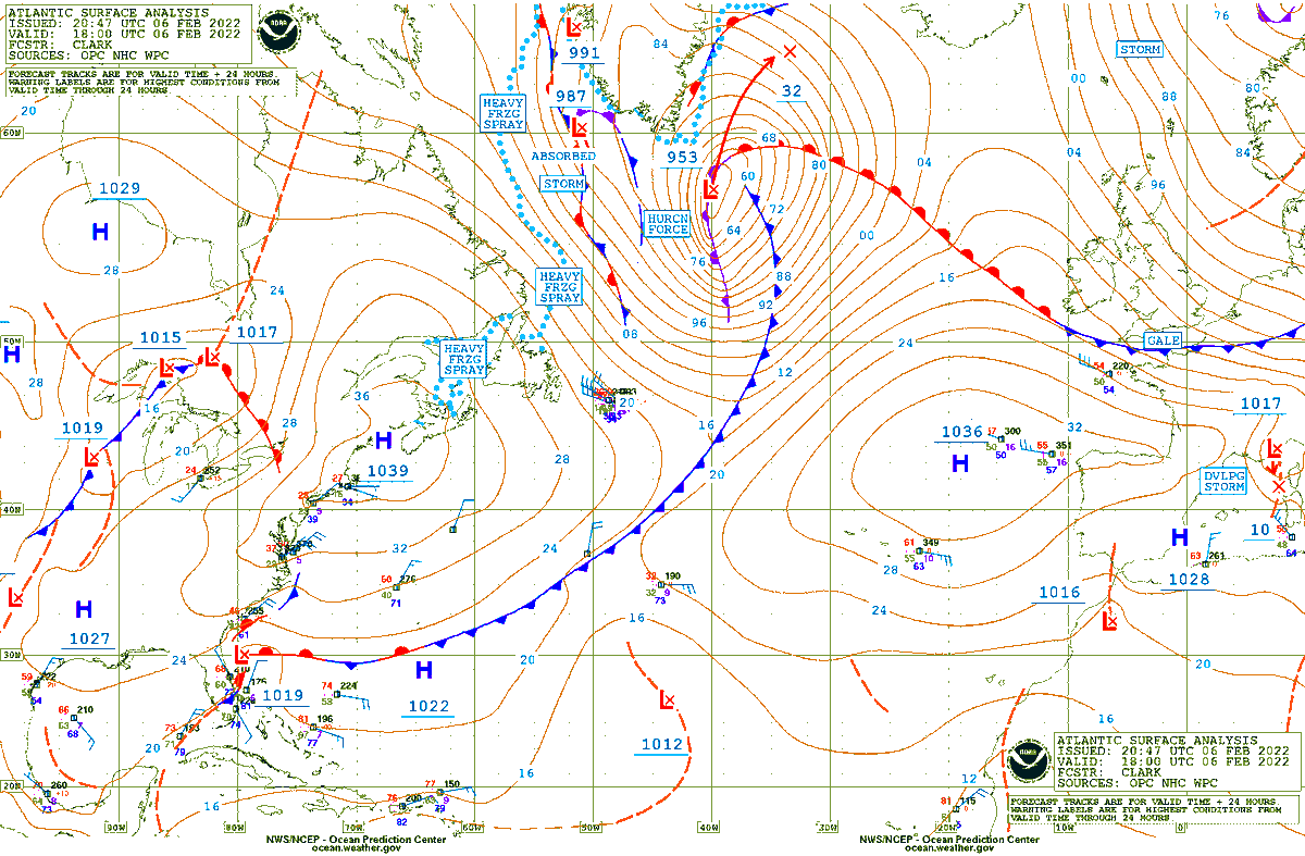 Sausius_wx's tweet photo. In its latest analysis valid for 18Z the Ocean Prediction centre has analysed the #bombcyclone at 953 mbar and tagged it as "#hurricane-force". It is expected to deepen ever further overnight as it heads northeastward. #storm #wx #stormur #veður https://t.co/cHbtgoOxii