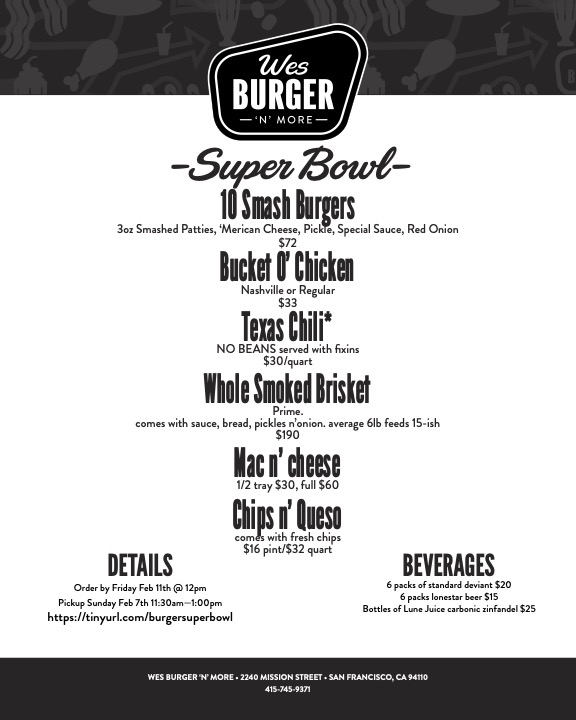 One week until Superbowl Sunday! Place orders before 2/11. Pickups on 2/13. Link in bio.