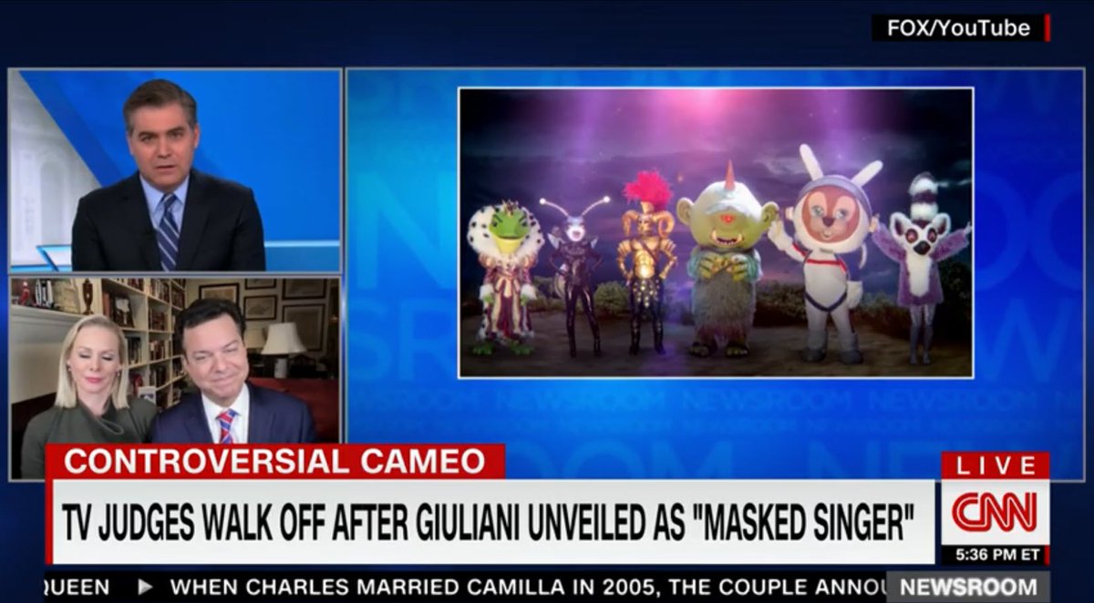 Porter_Anderson's tweet photo. Media: @Acosta, @JohnAvlon, and @MargaretHoover on @RudyGiuliani's turn on @MaskedSingerFOX: 
#Avlon: "Despite the fact @SarahPalinUSA did it, not a precedent you want to follow."
#Acosta: "Whatever that costume is, perhaps it could be the mascot for Four Seasons Landscaping." https://t.co/DuXXIzPlSG