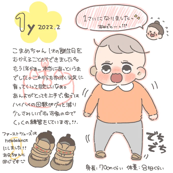 🐤1歳迎えました!
相変わらず後追いがすごい…もう半年以上後追ってると思うんですけどね🤔飽きない??
私が隣で寝てないと、夜起きちゃうことが増えてきました…💦
自分でコップ飲みできるようになったの描き忘れました😭

#すくすくまめ録 #2021feb_baby 
#育児絵日記 