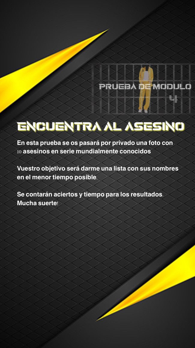 Prisonersvirt's tweet photo. ⚠️PRUEBA DE MÓDULO 4⚠️
¡Tenéis hasta mañana a las 21:00 para hacerla!
¡Mucha suerte! https://t.co/uiq1X89NOV