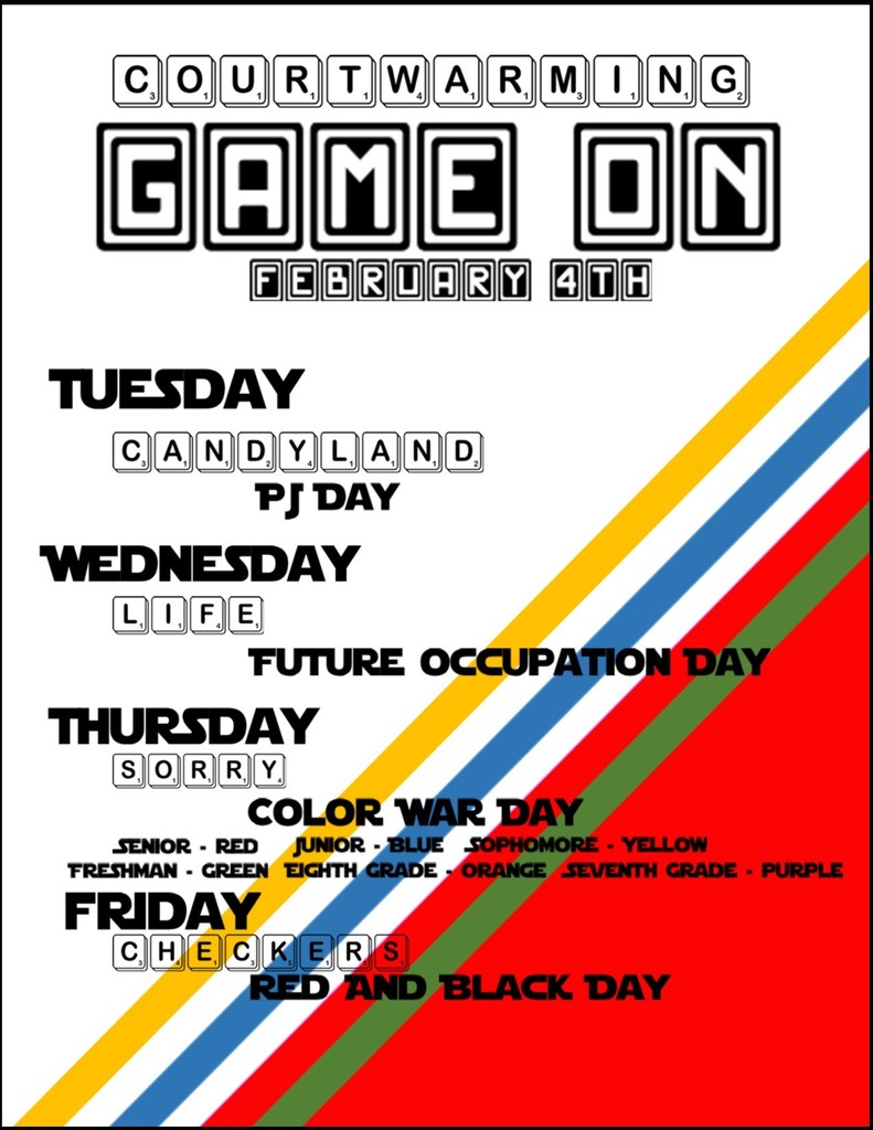Winter Homecoming Activities will start over next Tuesday, February 8, with dress up days the same as before and ending the week with games, Senior Night, and Coronation on Friday night. The dance will follow the games.