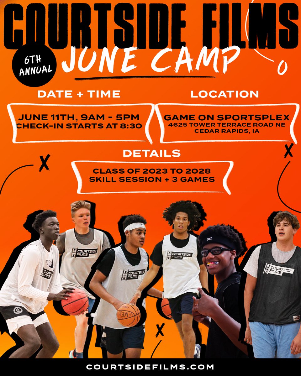 Courtside Films (@courtsidefilms) on Twitter photo 6th Annual Courtside June Camp!
⏰ June 11th
📍 Cedar Rapids, IA
• Competitive games
• Skill session with <a href="/handleUcrew/">Handle University</a>
• Everyone gets a mixtape
• Courtside gear
etc.
SIGN UP LINK ➡️ bit.ly/3BaB2oY 6th Annual Courtside June Camp!
⏰ June 11th
📍 Cedar Rapids, IA
• Competitive games
• Skill session with <a href="/handleUcrew/">Handle University</a>
• Everyone gets a mixtape
• Courtside gear
etc.
SIGN UP LINK ➡️ bit.ly/3BaB2oY