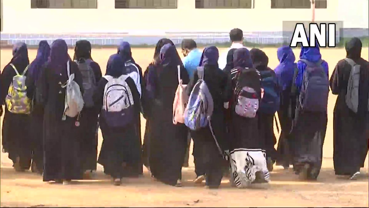 Karnataka: Students wearing hijab allowed entry into the campus of Government PU College, Kundapura today but they will be seated in separate classrooms. Latest visuals from the campus.