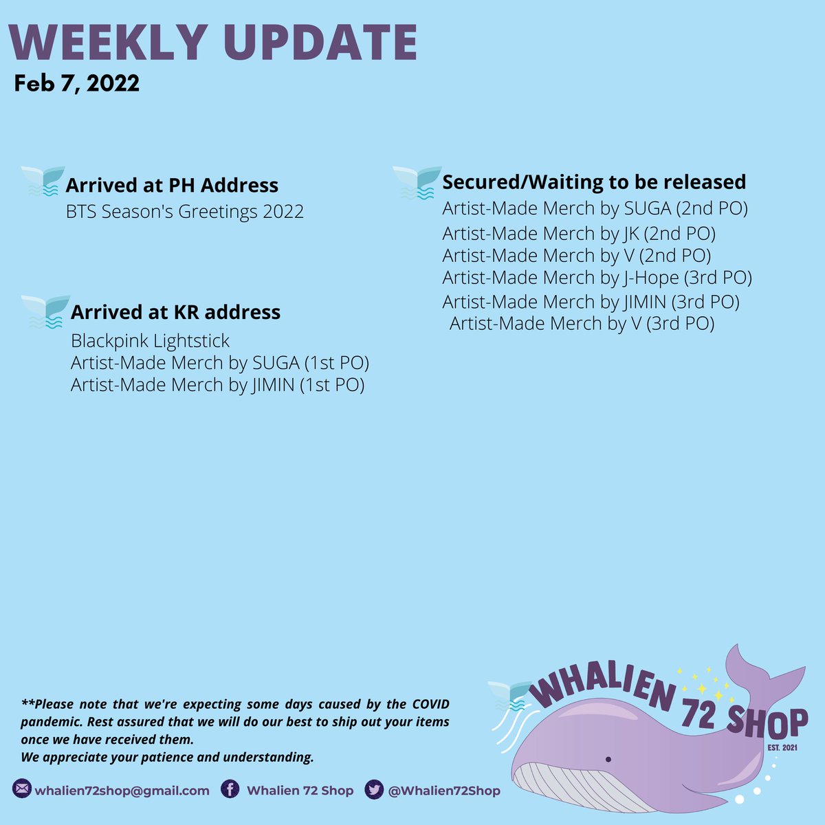 Whalien72Shop's tweet photo. Let's start the week right with our weekly update on your orders. For those who ordered SG 2022, we're still packing your orders but we have already sent the Final Shipping form via email. Please fill it out if you haven't yet. Message us for any questions π #Whalien72_Updates https://t.co/jxjZw39hD5