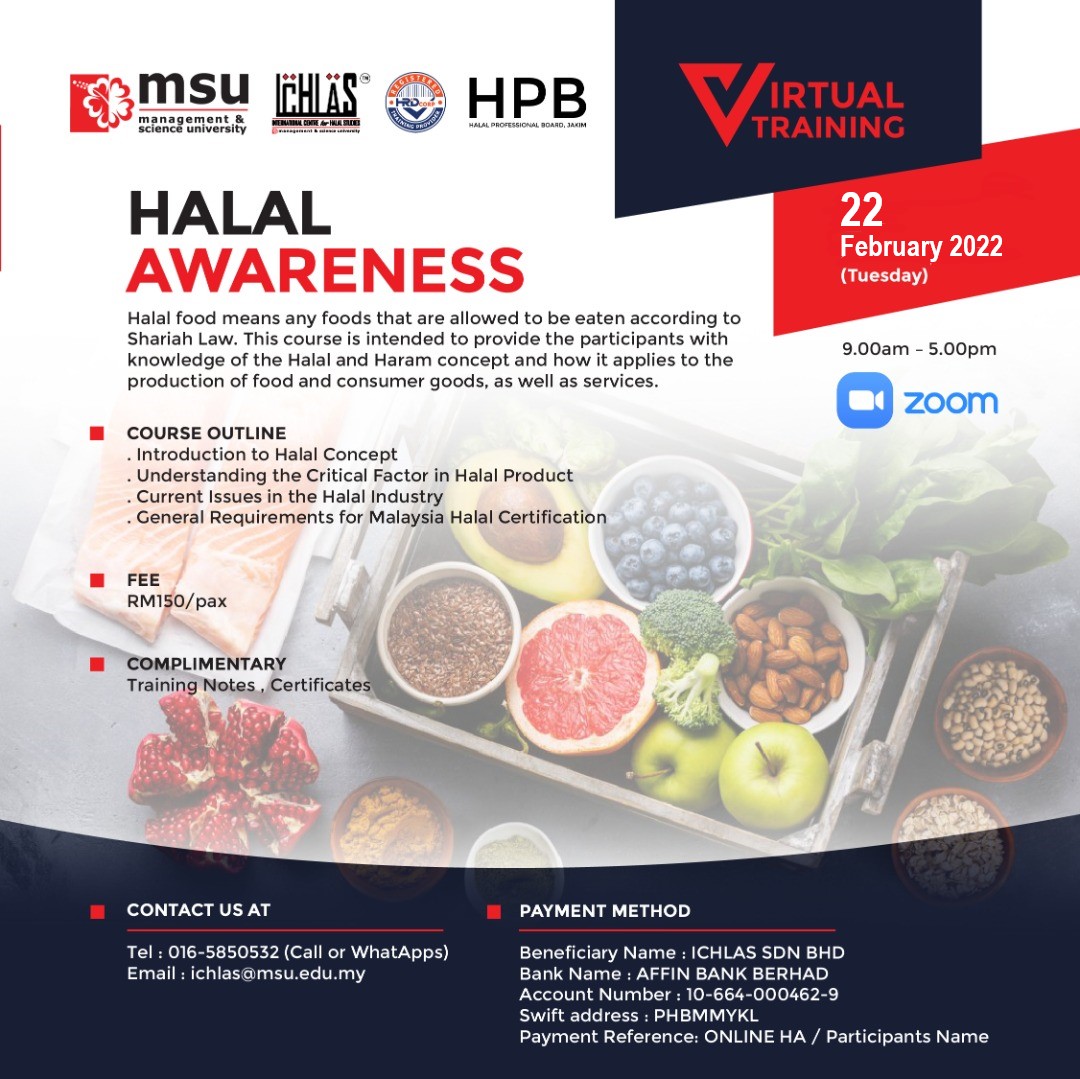 MSUichlas's tweet image. HALAL AWARENESS 🗣

Let’s join our online course with our experienced halal trainer from ICHLAS! 
🗓 22 February 2022 (Tuesday)
🕰 9.00am – 5.00pm
💰RM 150/pax

COME REGISTER NOW
📝Please click the link below: forms.gle/2KLePz3HGVxwoq… 

#MSUhalal
#MSUmalaysia
#YakiniHalalMalaysia