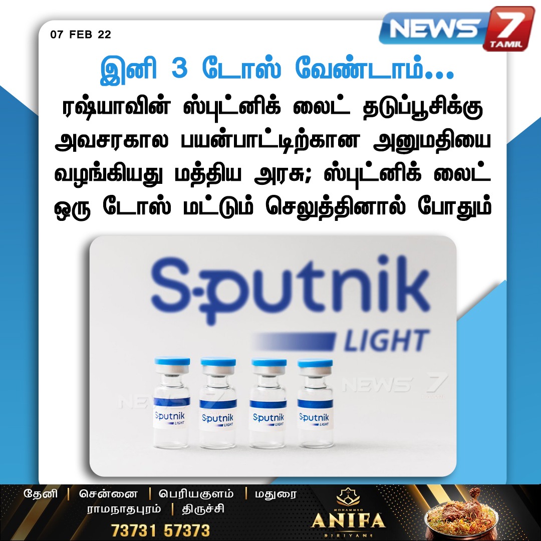 news7tamil's tweet photo. #NewsUpdate |
இனி 3 டோஸ் வேண்டாம்...
https://t.co/WciCN2SQmv | #Sputnik | #sputniklite | #Russia | #Tripledose | #Singledose #News7TamilUpdates https://t.co/dAAuU40Lyo