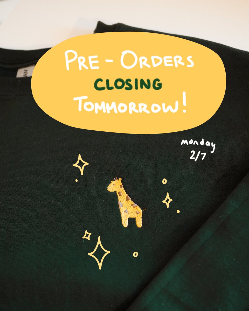 RainbootStudios's tweet photo. Reminder that pre-orders for our giraffe sweater are closing tomorrow 2/7 at 11:59pm! Orders will be made and shipped out the week after!

#smallbusinesses #fashionstyle #giraffe #embroidery #CuteAnimals #apparel https://t.co/nrrqYf2VkR