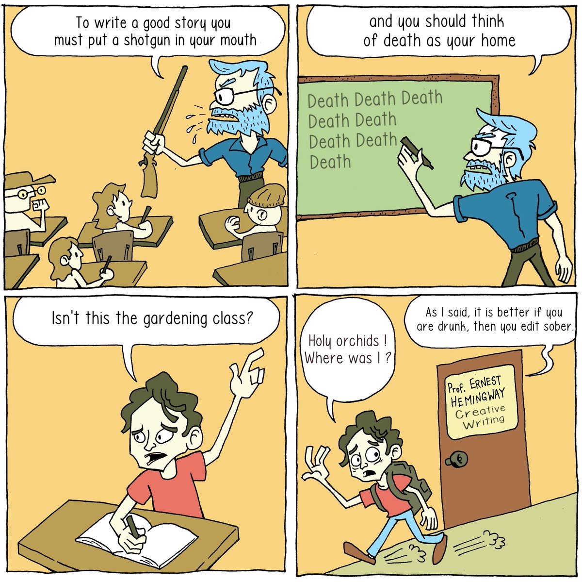 A comic about Hemingway teaching how to write with a shotgun.
.
.
#Hemingway #CreativeWriting #books