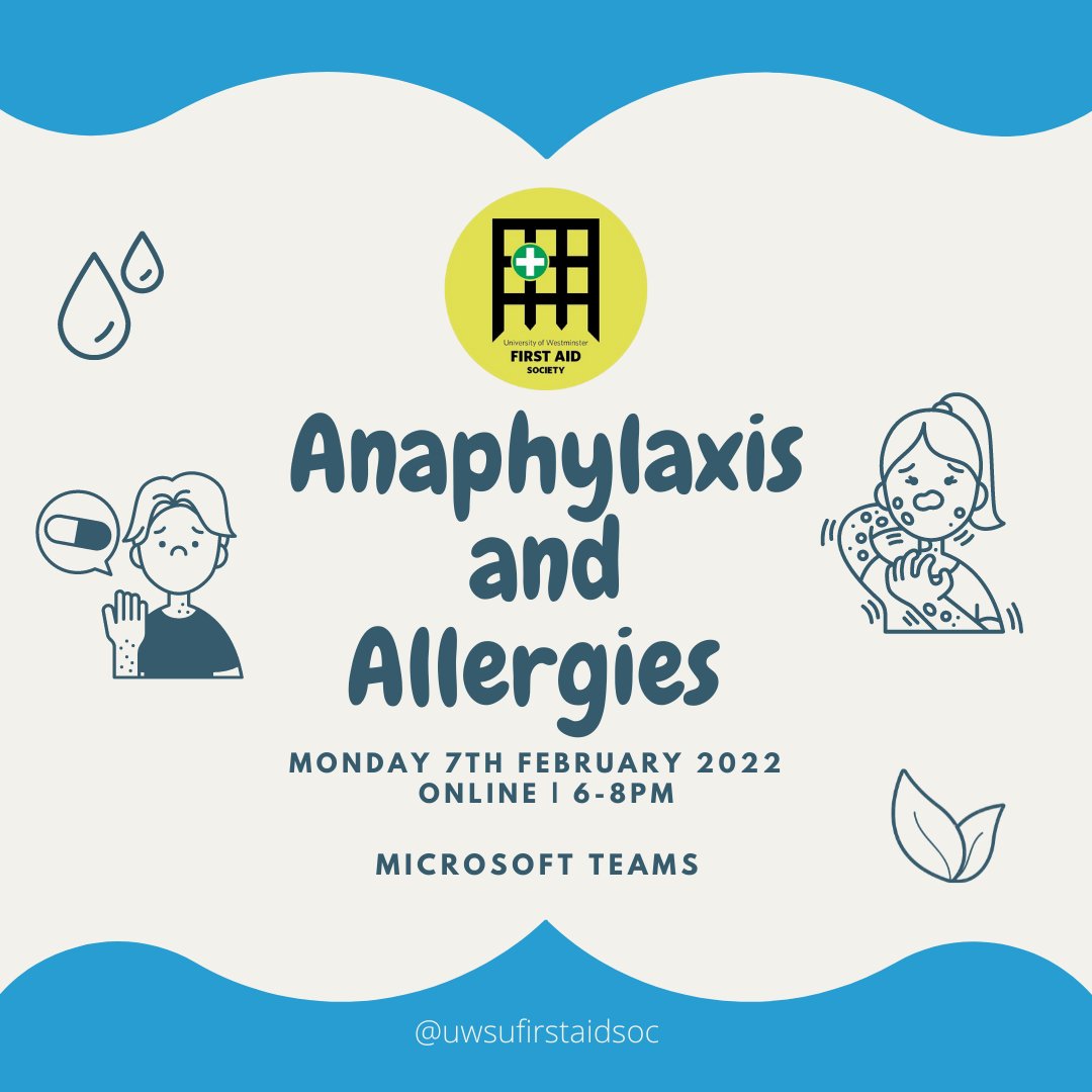 Hello everyone! 

This week we will be learning about how to address patients presenting symptoms caused by an allergy. And how to deal with such reactions should it become severe (Anaphylaxis).

Link will be emailed to members 
Hope to see you there!!!

#sjastudents #firstaid