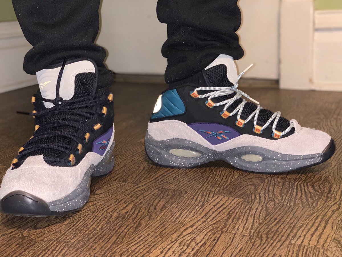 BigDmilz's tweet photo. For todays #QuarantineDripCheck: The Nicekicks Reebok Question “Bubba Chuck” on feet. The materials, 3M on the back, and the glow in the dark features made these a must for me. 🔋🔋🔋 https://t.co/Aqcybuhq9F