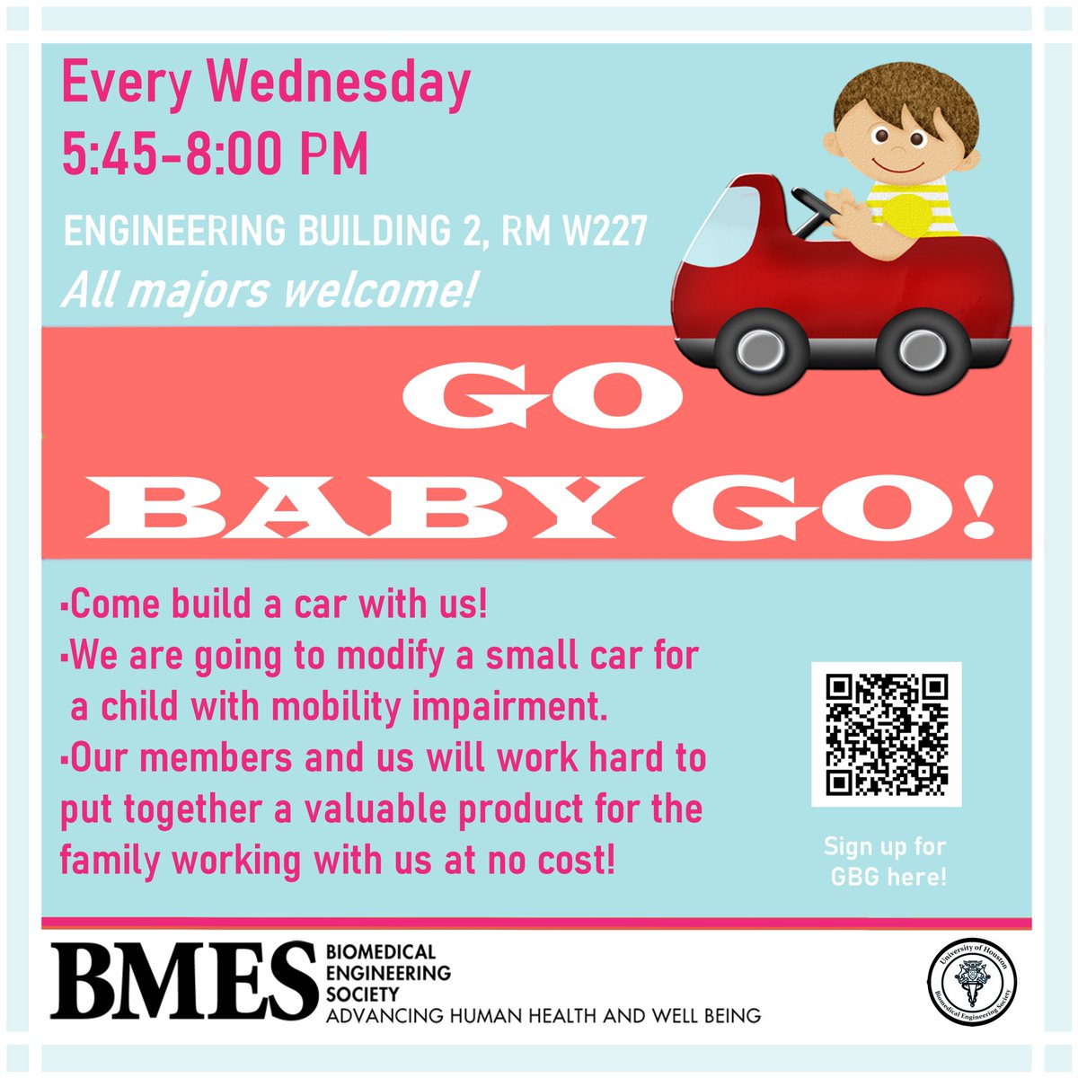 We have a new little friend this semester, and her name is Anayah!
🧬Anayah has Severe Motor Axonal Neuropathy leading to no control or movement in all extremities. 
We will be helping her family out by making her a car which she will be able to safely use! 
Weds, 5:45-8:00 PM