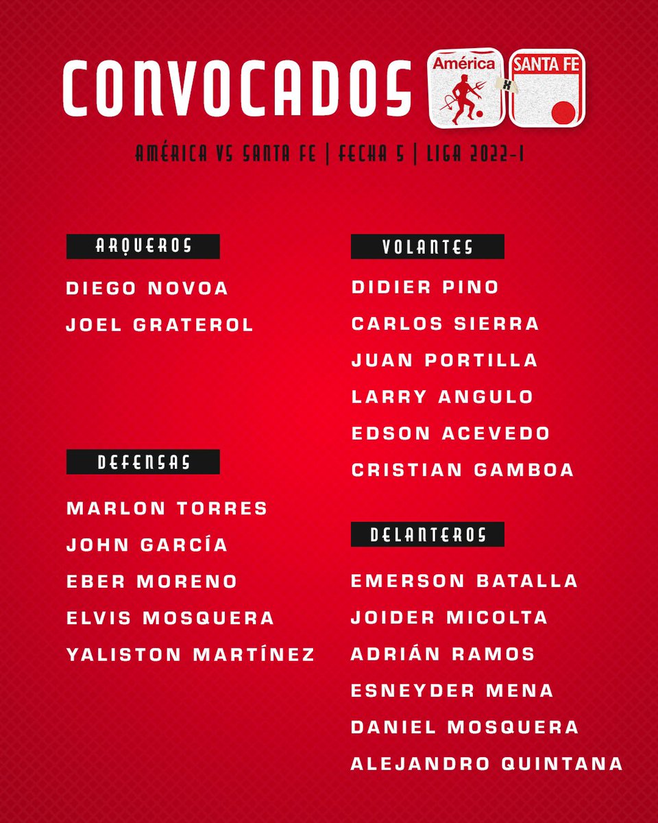 AmericadeCali's tweet photo. 📋⚽ Estos son nuestros convocados para recibir mañana a @SantaFe en el Pascual Guerrero, por la quinta fecha de la Liga BetPlay 2022-I. 🇦🇹 https://t.co/yRSvfzgOhH