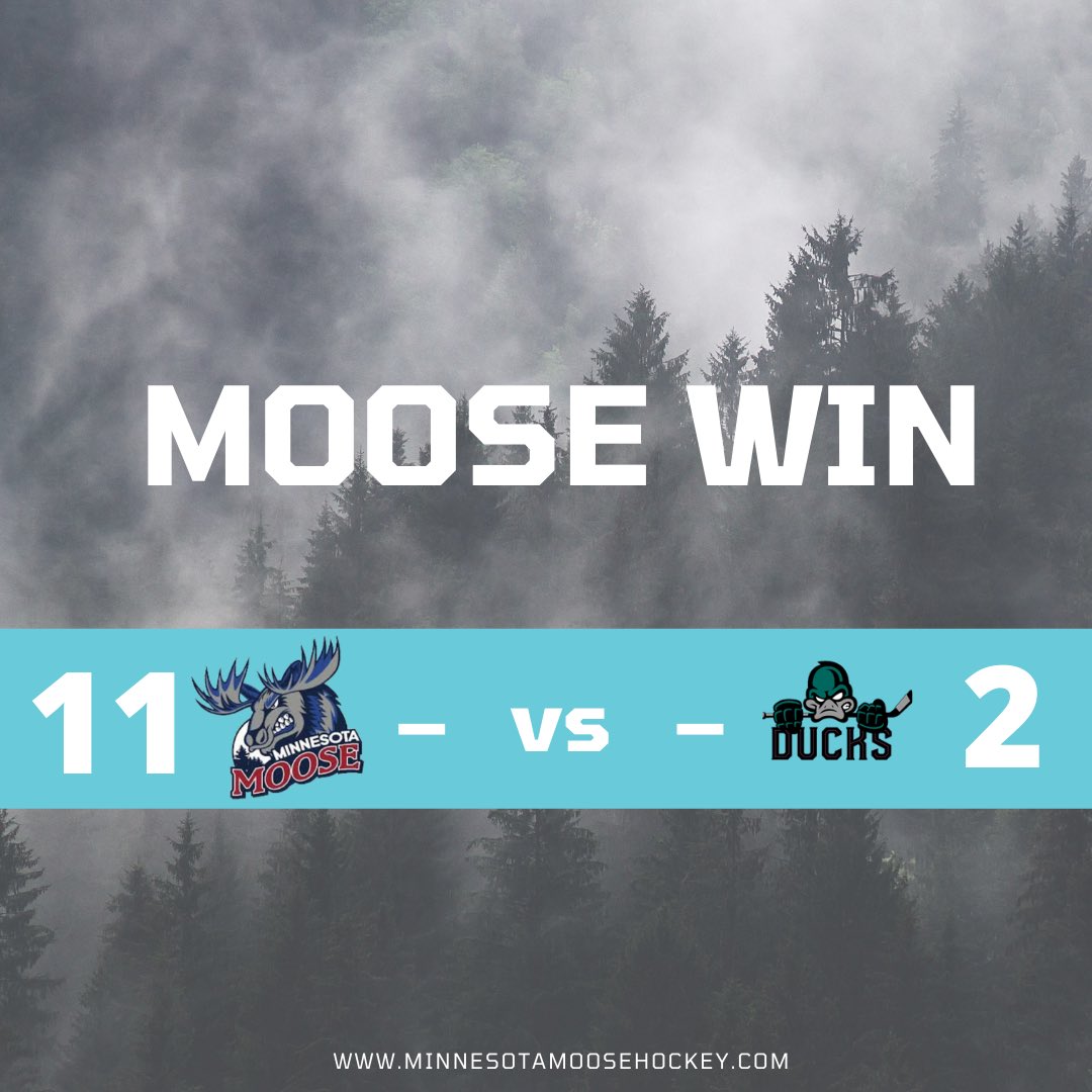 MNMooseHockey's tweet photo. 🚨 MINNESOTA MOOSE WIN 🚨 
The Moose swept the series against the Ducks today as they lit up the score board again. The final score is Moose 11, Ducks 2. 
The Moose are back home AGAIN next weekend for a huge series with the RiverKings.

#AntlersUp #MNMoose #USPHL #RollMoose https://t.co/C73e1Otqfq
