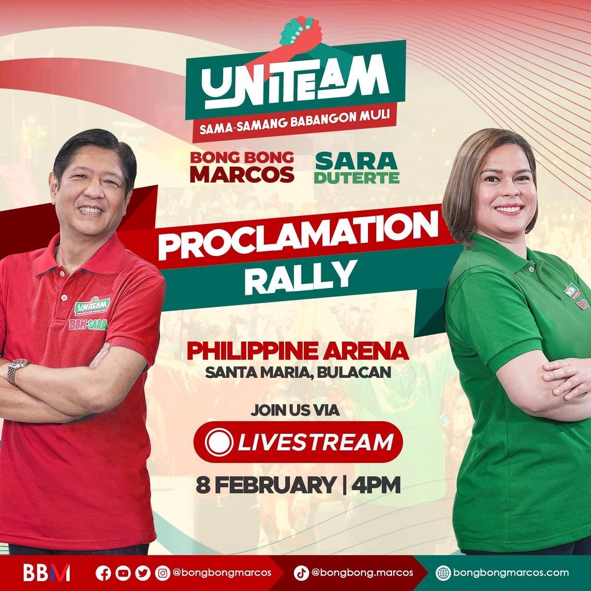 Sumama na sa Uniteam!

Abangan bukas ang aming Proclamation Rally live sa Uniteam BBM-Sara Facebook page.