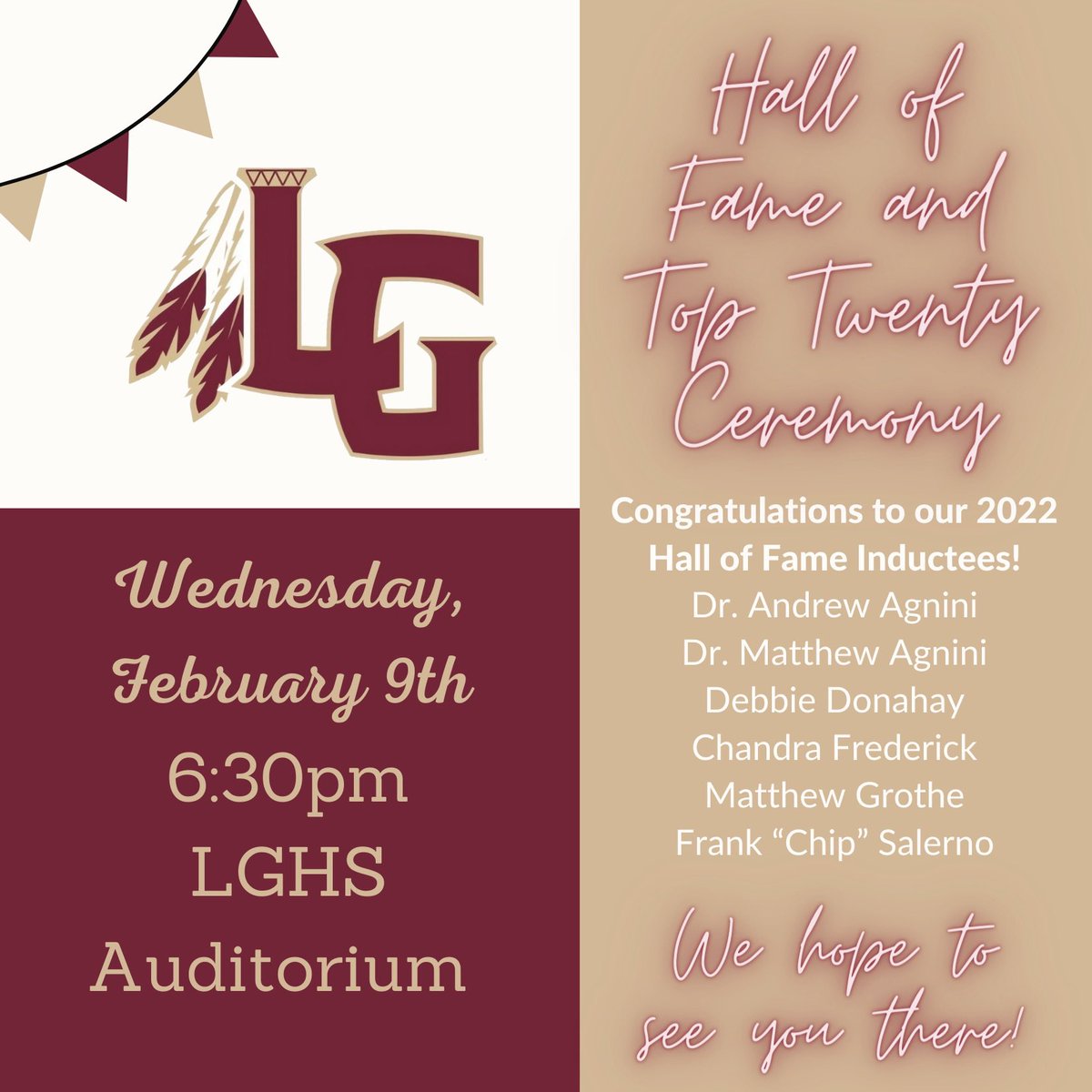 LGHSOfficial's tweet image. 🗣Don’t forget to come out on Wednesday! 🤩 #HallOfFame #TopTwenty @PolkSchoolsNews @principalRVann