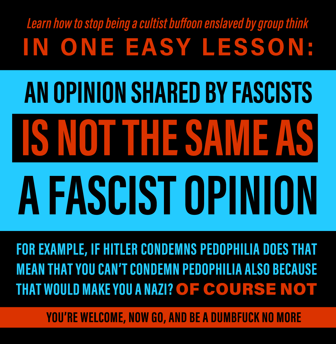 Fonx's tweet photo. D’you think maybe this’ll work? Because it’s clear that some people would rather die an imbecile than ever admit to having been one... 🤔

#groupthink #sheeple #fakeleftists #cultists #mindmanipulation #mediamanipulation #manufacturingconsent #reversefascism #collectivedelusion https://t.co/JJsSLvpOOW