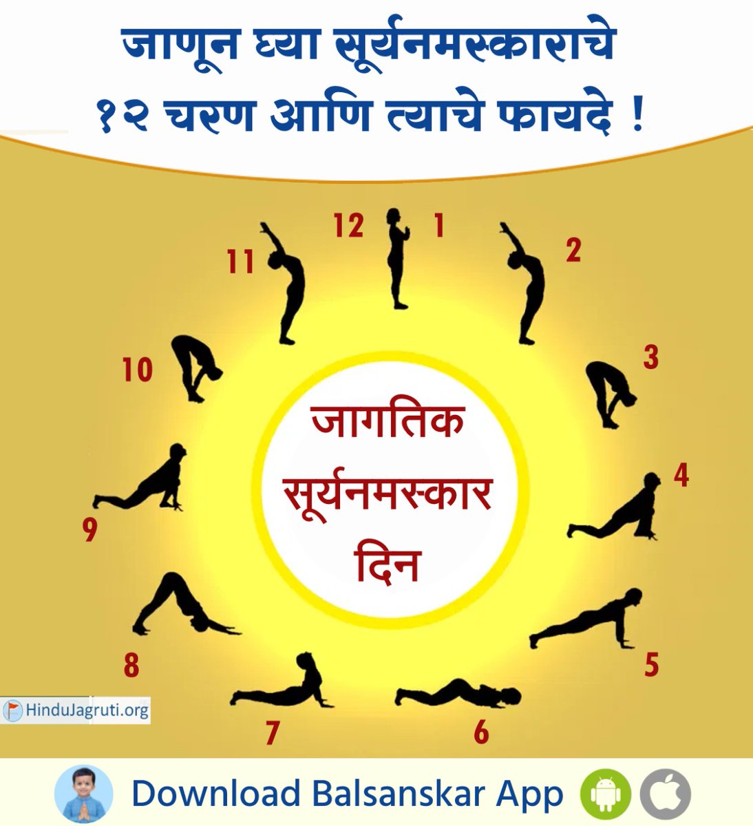 #WorldSuryaNamaskarDay  #healthtips

सूर्य नमस्कार करणे म्हणजे सूर्याप्रती कृतज्ञता व्यक्त करण्याची संधी असते. सजीव सृष्टीच्या निर्मितीसाठी सूर्य हा महत्त्वाचा घटक मानला जातो.   स र्यनमसकर केल्याने मनास शांती मिळते आणि त्याबरोबरीने मन एकाग्र बनते.
