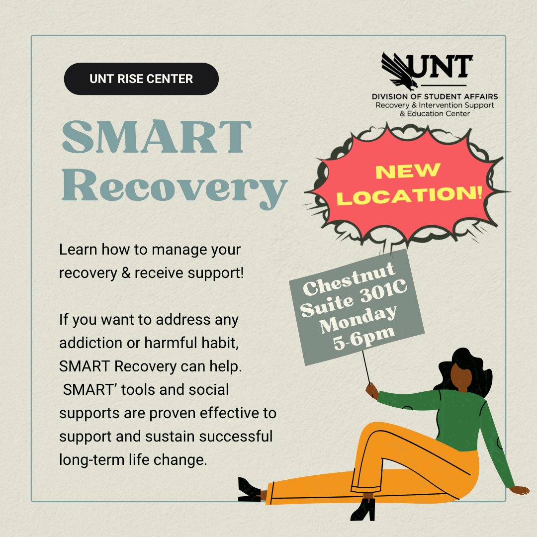 Smart Recovery meetings will be held in Chestnut 301C for the remainder of the semester! Come stop by!

Alt text: SMART Recovery. New location! Chestnut Suite 301C, Monday 5-6pm. Learn how to manage your recovery &amp; receive support!