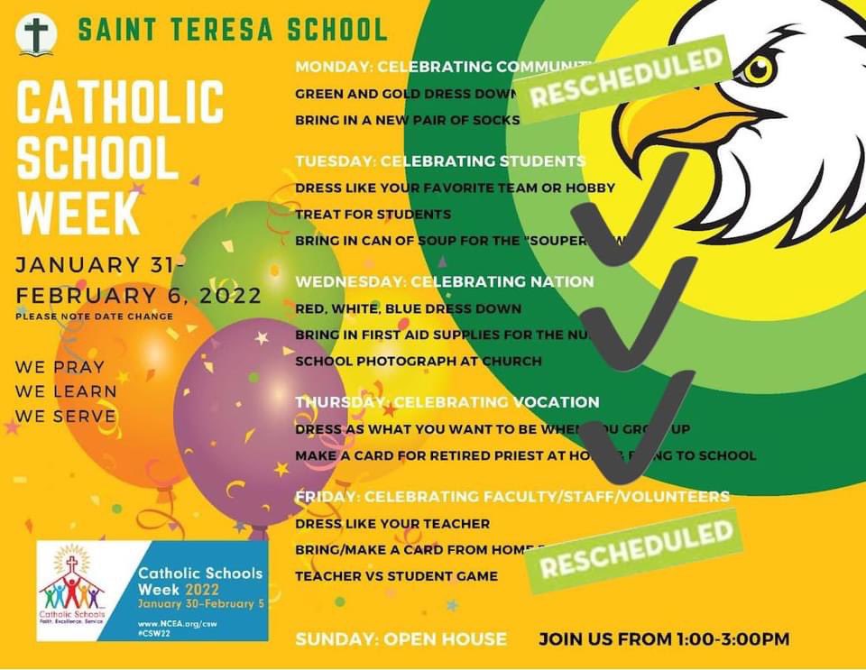 STSPawtucket's tweet photo. With inclement weather last week we missed out on a couple of our Catholic Schools Week themes. We have decided to resched the 2 we missed, and celebrate the 100th day of school as well! Below you will find our updated schedule! Let’s show our spirit and appreciation! #stsrocks https://t.co/TYwcsdLqva