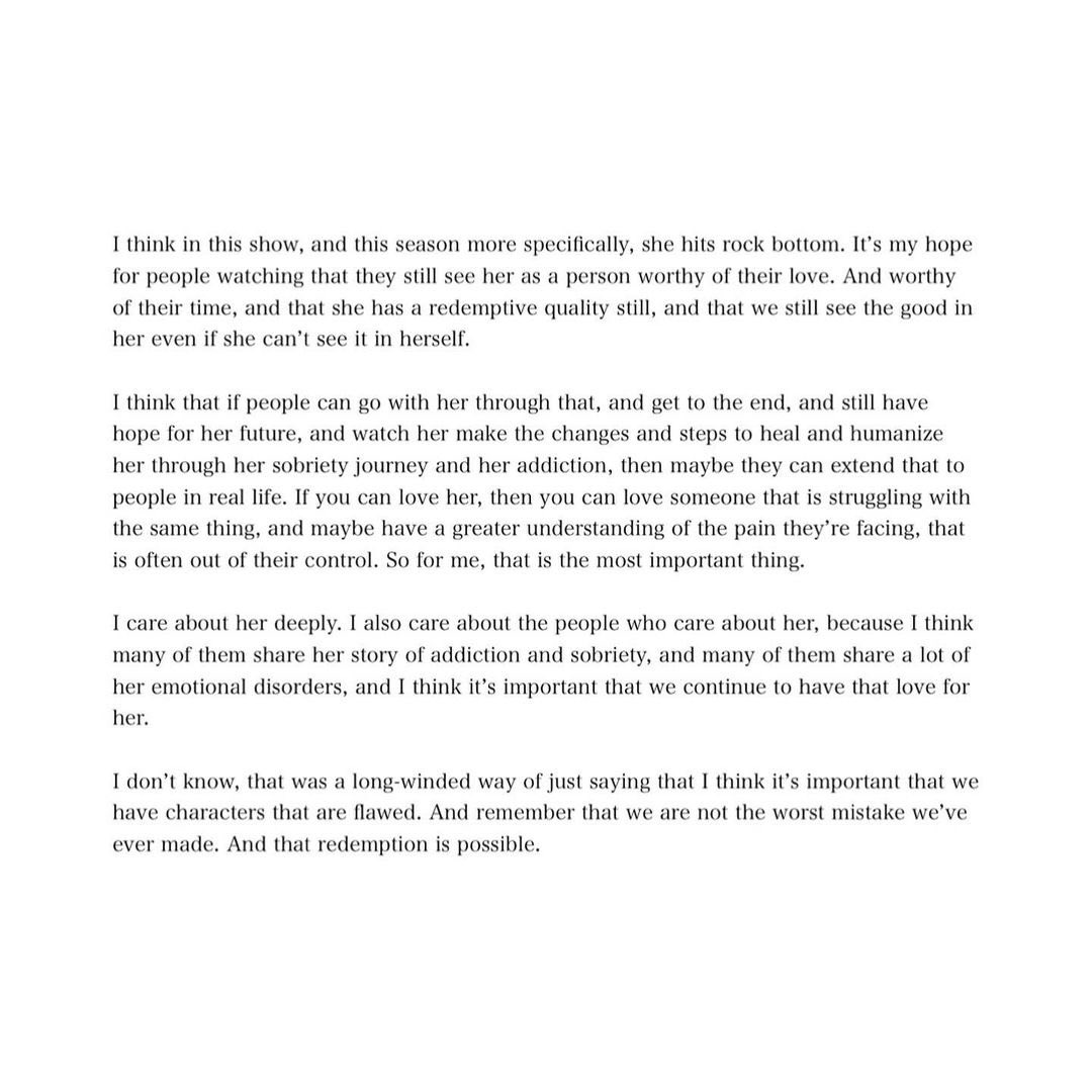 "if you can love her, then you can love someone that is struggling with the same thing, and maybe have a greater understanding of the pain they're facing, that is often out of their control." and that's why we say that if u lose sympathy for rue you shouldn't even watch the show