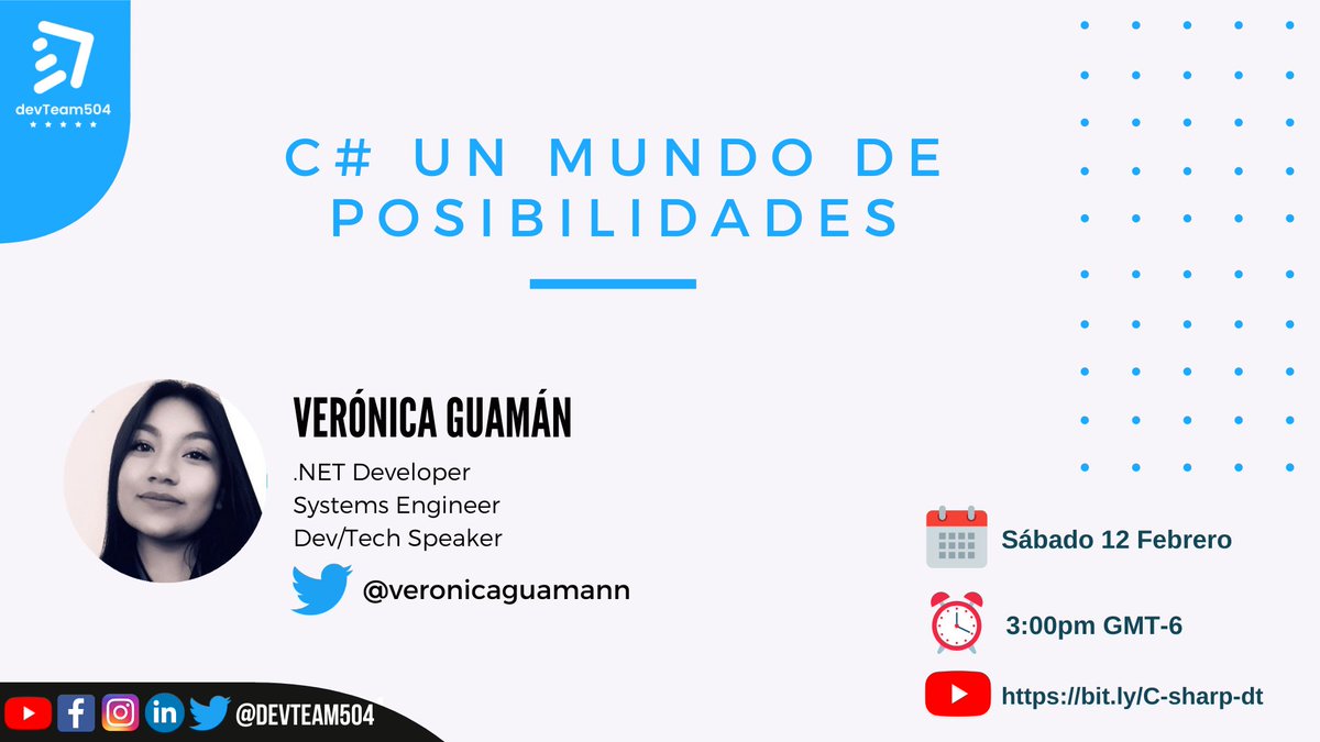 DevTeam504's tweet photo. Te invitamos a la charla del próximo sábado📢
📝C# un mundo de posibilidades
👩💻Verónica Guamán @veronicaguamann🇪🇨
📆Sábado 12 Febrero
⏰Hora:
🇭🇳🇲🇽3:00pm
🇨🇴🇪🇨4:00pm
🇻🇪🇩🇴5:00pm
🇦🇷🇺🇾6:00pm
Vía @YouTube: https://t.co/4LDqTdkoPA
Sortearemos una licencia anual de @jetbrains, no faltes https://t.co/Hf76hTuFV6