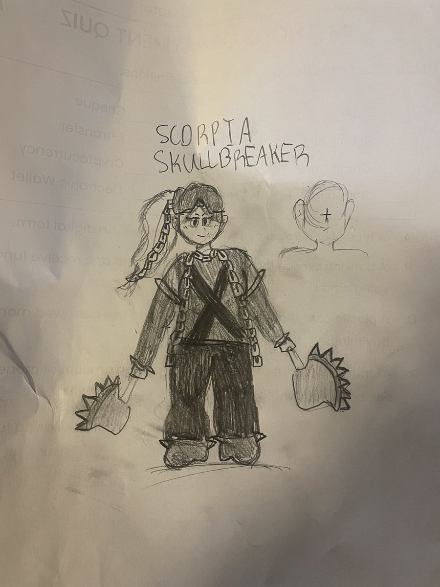 jessmcginnis7's tweet photo. My youngest daughter (10) drew my D&D character and it is so excellent that I had to share. The chains in my hair are a nice touch π#dwarffighter #dnd5e https://t.co/vFUvvSBIAb