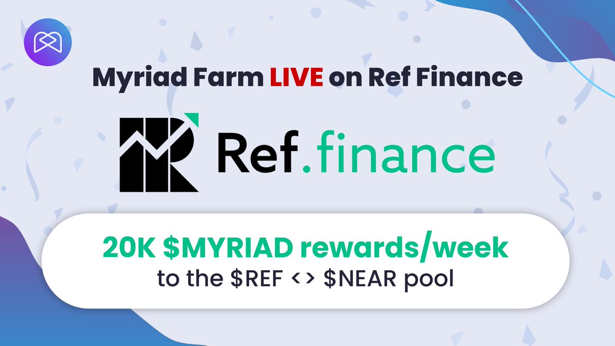 myriad_social's tweet photo. 🎉THE $MYRIA<>$REF FARM IS NOW LIVE 🥳

Head to @finance_ref
to start farming 🚜

Get $MYRIA here🚨
https://t.co/uWrftk8OyX

Pool here and start farming👇
https://t.co/RNs8pXjP5Y

📢Farming lasts for 60 days! https://t.co/kTiSrpAZDu