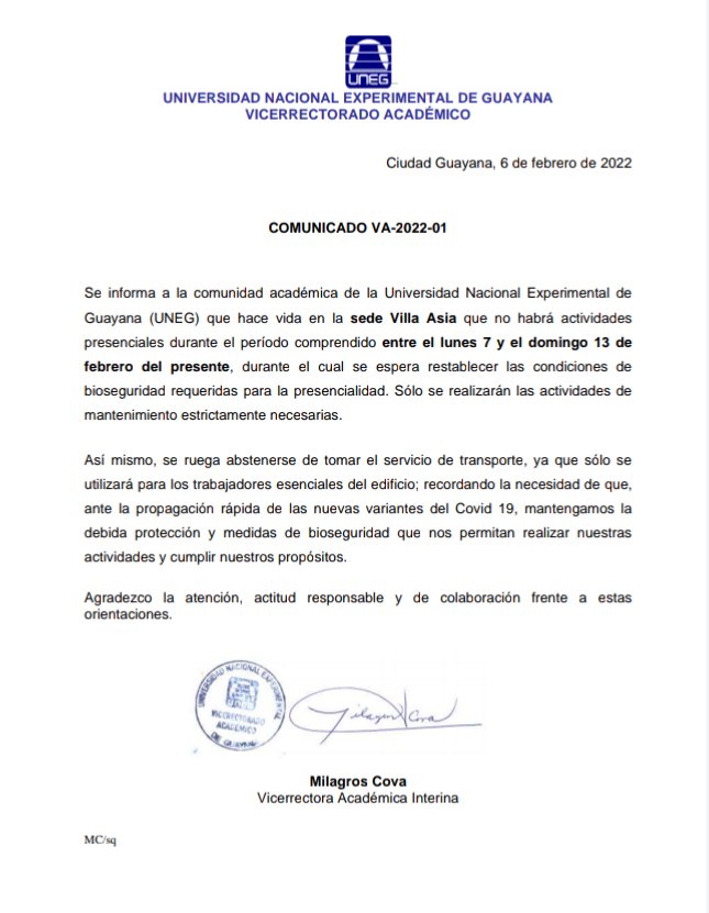 Uneginforma's tweet photo. #Comunicado del Vicerrectorado Académico #UNEG #PrevenirEsQuerer #TodosContraElCovid19 #Pzo #Guayana https://t.co/Wo441S1WM7