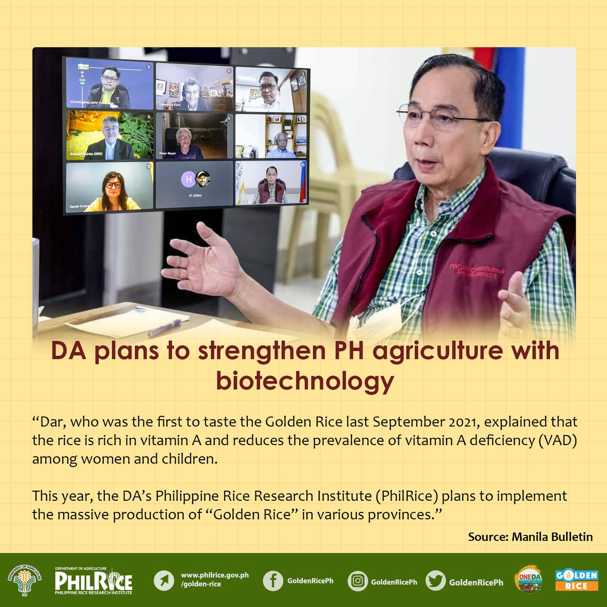 MalusogRice's tweet photo. #GoldenRiceNews|| "Dar, who was the first to taste the Golden Rice last September 2021, explained that the rice is rich in vitamin A and reduces the prevalence of vitamin A deficiency (VAD) among women and children."
Read more: https://t.co/7MrcJQBp7q https://t.co/QPNZ2W4Zks