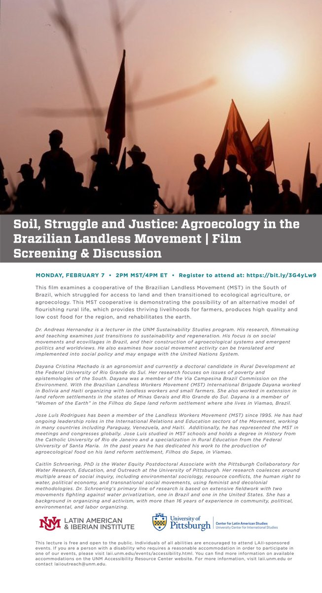 LASACENTERSLAS's tweet image. Our series on Indigeneity, Afrodescendants, &amp;amp; other marginalized populations in Latin America presents: 

Soil, Struggle and Justice: Agroecology in the Brazilian Landless Movement | Virtual Film Screening &amp;amp; Discussion
Feb 7 | 4pm (ET)
@CLASPITT 
@unmlaii 
ucis.pitt.edu/clas/events/fi…