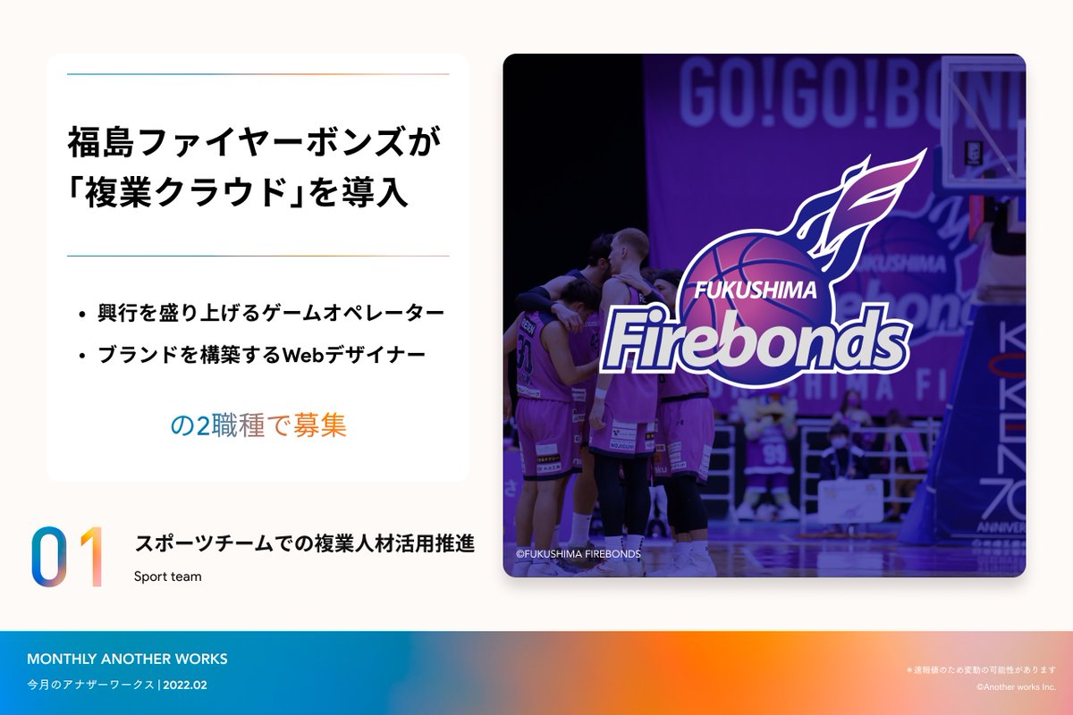obayashi_aw's tweet photo. 【ご報告🎉】
2022年も毎月Another works社のトピックを公開します！

①Bリーグの福島ファイヤーボンズ様が複業クラウド導入

②初北陸！2自治体と連携協定

③TV含む13媒体掲載

④イベント登壇×4

自治体連携は23自治体目。
日本で今一番複業の文化創造を推進してる自負があります。2月も楽しみに！ https://t.co/sqMLV0sKvv