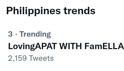 EllaTrendsetter's tweet photo. [TREND UPDATE]

We're now trending at Third Spot with more than Two-K Tweets, Nationwide.

LovingAPAT WITH FamELLA

@ellacayabyab_ #EllaCayabyab https://t.co/Y7yJjMeZly