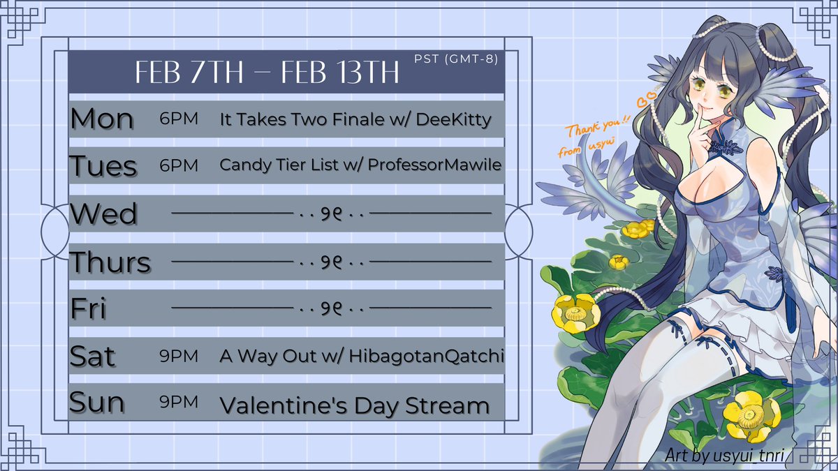 MizuchiChuru's tweet photo. #ScheChuru Feb 7th to Feb 13th! PST/GMT-8
Thinking about doing 2 Valentine's Day streams? 13th and 14th?
🌊https://t.co/ch0DpjAal6 https://t.co/2LyR3I0f6i