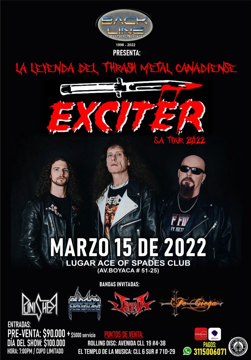 Nos honra anunciar nuestro primer concierto de este año junto a la legendaria banda canadiense <a href="/ExciterBand/">EXCITER</a> !!! Junto a nuestros hermanos de PUNISHER !! Y un cartel de lujo!! Gracias a todos los que hacen posible este magno evento y los esperamos con su acostumbrada presencia!!!