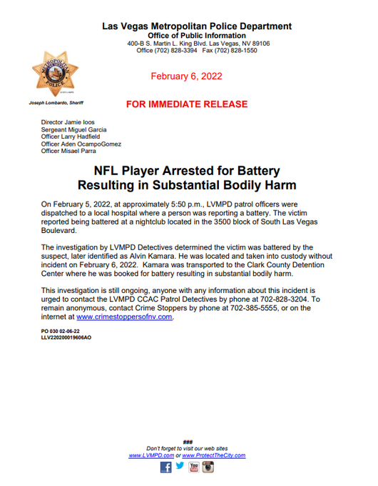 MySportsUpdate's tweet image. #Saints RB Alvin Kamara has been arrested in Las Vegas for battery resulting in substantial bodily harm. More below via @LVMPD: