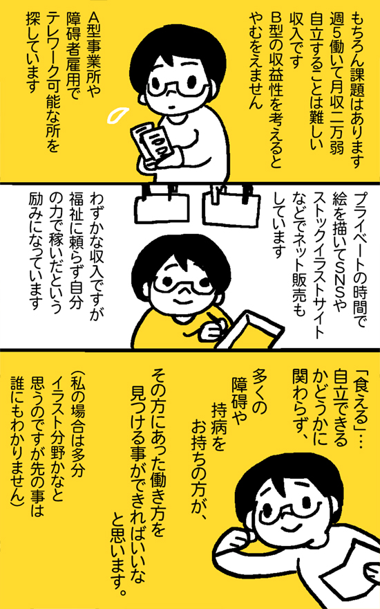 ここを覗かれているみなさん関心が高いのかな?と思ったので、去年描いたものを再掲。社会とつながる事が多分大切なので働き方の選択肢ってもっと増えていけばイイナと思います。
私はお世話になっていたB型さんが今年度でテレワーク打ち切りとの事で、作家として独立する予定です。 