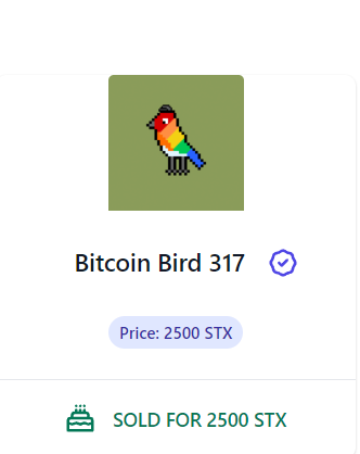 We bought Bitcoin Birds #317🥳
<a href="/abraham_finlay/">A₿raham Finlay⚡️</a> <a href="/bitcoin_birds/">Bitcoin Birds</a>

This little bird +500STX will be used for the giveaway on the fourth day of this event.
<a href="/stxnft/">stxnft.com is now Gamma.io</a> <a href="/byzantion_xyz/">Indexer</a> <a href="/Stacks/">stacks.btc</a> 
#stacks #nft