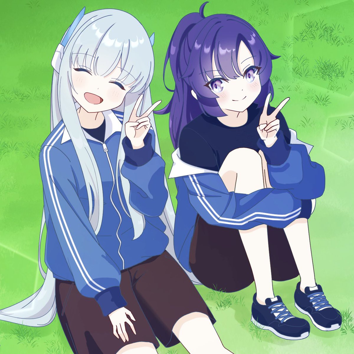 yuuka (blue archive) multiple girls 2girls jacket v long hair smile shorts  illustration images